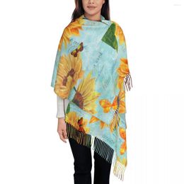 Scarves Personalised Printed Watercolour Sunflowers And Butterflies On Teal Scraps Long Pile Fringe Men Scarf Women'S Anti Chill