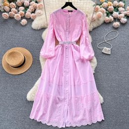 Casual Dresses Exquisite Women Long Hollow Out Printed One Breasted Maxi Vestidos Female Spring Summer Versatile Outfit Frocks