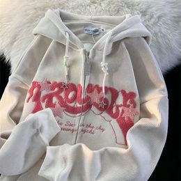 Women's Hoodies Sweatshirts Corduroy Y2k Zip Up Hoodie Women Retro Embroidered Letter Loose Long Sleeve Tops Casual Hooded Sweatshirts Harajuku Jackets 230803