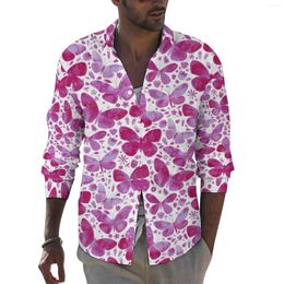 Men's Casual Shirts Watercolor Butterfly Funny Shirt Male Pink Animal Print Autumn Trendy Blouses Long Sleeve Graphic Oversized Top