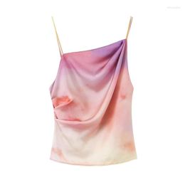 Women's Tanks Temperament All-match Silk Satin Texture Underwear Style Slanted Shoulders Folds Open Back Camisole Top