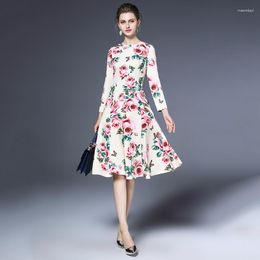 Casual Dresses Customized Runway Designer Boutique Elegant Retro Dress Womens Rose Floral Printed Full Sleeve A-Line