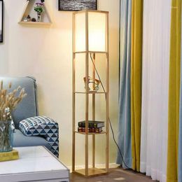 Floor Lamps LED Storage Shelf Lamp Nordc Fabric Solid Wood Standing Light For Living Room Bedroom Bookshelf Flower Stand Pull Switch