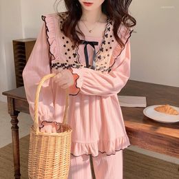 여성 잠자기 패션 잠옷 세트 2023 스프링 가을 캐주얼 긴 소매 바지 홈웨어 사랑스러운 달콤한 분홍색 레이스 활 pijama