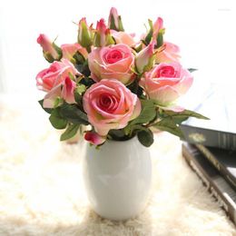 Decorative Flowers 3 Heads Artificial Velvet Roses Flower Branch DIY Bridal Wreath Garland Wedding Wall Arch Road Lead Fake Home Decoration