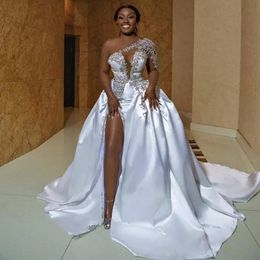 One Shoulder Satin A Line Wedding Dresses With Sweep Train Beading Lace Side High Slit Sexy Vestidos De Novia African Long Sleeve Bridal Gowns For Bride 328 328