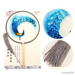 Chinese Style Products Handmade Double Sided Embroidery Chinese Style Lotus Ginkgo Long Handle Fan Dance Performance Photo Props Fan R230804