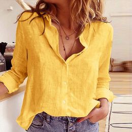 Women's Blouses Shirts Leisure White Yellow Shirts Button Lapel Cotton Linen Top Lady Loose Long Sleeve Oversize Shirt Womens Blouses Autumn Blusas 230803