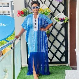 Ethnic Clothing Blue African Dresses For Women Elegant Short Sleeve Muslim Fashion Abayas Dashiki Robe Kaftan Long Maxi Dress Turkish Africa