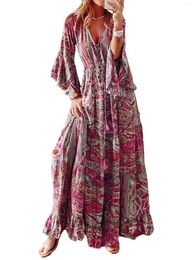 Casual Dresses Women S Floral Print Maxi Dress With Ruffled Sleeves And V-Neckline - Elegant Button Front Bohemian A-Line