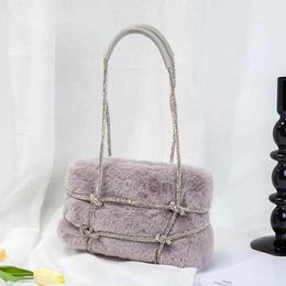 Evening Bags Rhinestone Faux Fur Shoulder Bag 2023 New Elegant Designer Winter Women Fashion Handbags Ladies Cute Plush Purse High Quality 230427