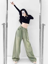 Women's Jeans Baggy Woman High Waisted Vintage Green Elastic Waist Denim Pants Washed Wide Leg Trousers Y2K Fashion Streetwear