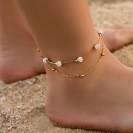 Anklets 2023 Europe And The United States Niche Simple Crystal Zircon Ball Double Leisure Refined Ladies Copper Chain Anklet