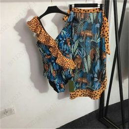 Sexy Women Swimwear With Even Dress Suit Leopard Printed Ruffle Halter One-piece Swimsuit Flesh Covering Skinny Beach Half Skirt Summer Two Piece Dresses