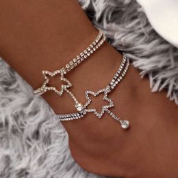 Silver Color Hollow Crystal Star Heart Pendant Anklets for Women Bling Rhinestone Summer Beach Tennis Ankle Chain Foot Jewellery 230719