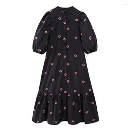 Casual Dresses Early Autumn Fashion Ladies Retro Sweet Round Neck Puff Sleeves Flower Embroidery Layered Hem Loose Dress