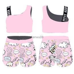 Clothing Sets Kids Girls Ballet Dancewear Sport Suit Asymmetric Shoulder Straps Crop Tops and Shorts Set Sportswear for Gym Yoga Dance Workout x0803