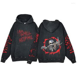 Men's Hoodies Anime Skull Print Hoodie Men Y2k Horror Vintage Gothic Long Sleeve Streetwear Washed Haruku Hooded Sweatshirt Oversized
