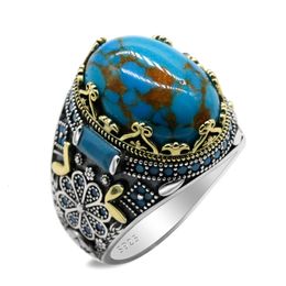 Wedding Rings 925 Sterling Silver Turquoise Ring for Men Women Natural Gemstone Lucky Stone Turkish Handmade Retro Jewellery Anniversary Gift 230804