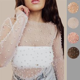 Women's T Shirts Gotoola High-Grade Socialite Temperament Wild Selling Clothes Bubble Beads Big Diamond See-through Mesh Tops Female