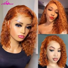 Synthetic Wigs 180% Density Ginger Orange Curly 13x4 Lace Front Human Hair For Women Short Bob Transparent Wig 230803