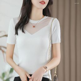 Women's T Shirts Fashion Hollow Out Pullover Round Neck Lace T-Shirt Summer Knit Curved Bead Fabric Skincare Versatile Short Sleeves