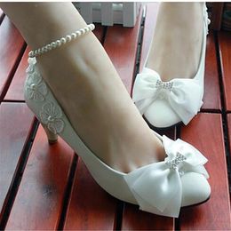 Fashion Holy White Wedding Shoes Pear Anklets Applique Bow Rhinestones Various Heels to Choose Walking Graceful Events Bridal Shoe278k