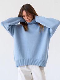 Women's Sweaters Loose Sweater Knitted Top Autumn Winter Clothes Female Basic Pullover Solid Blue Warm 90s Streetwear Turtleneck Jumper