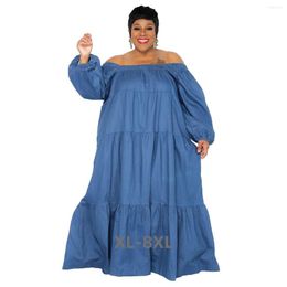 Plus Size Dresses Autumn Winter Soft Denim Woman Maxi Dress Slash Neck Full Sleeves Ruffles Elegant Party 2xl 3xl 4xl 5xl