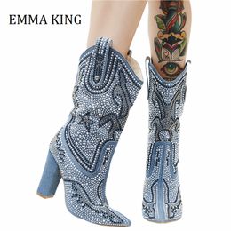 Boots Fall Winter Studded Cowboy Boots Western Mid Calf Chunky Heel Boots Pointed Toe Blingy Crystal Botas De Mujer 230803