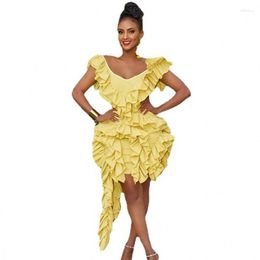 Ethnic Clothing African Dresses For Women Wrap Bust Sexy Short Dress Yellow Ruffled Irregular Backless High Waist Elegant Party Summer 2XL