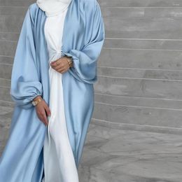 Ethnic Clothing Well Made Islamic Eid Clothes Puff Sleeve Women Dubai Muslim Thickened Satin Open Abaya With Pockets And Belt