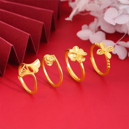 Wedding Rings Luxury Ginkgo Leaf Flower Shape For Women Hollow Out Adjustable Gold Colour Band National Jewellery