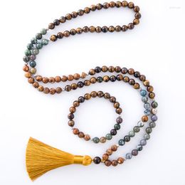 Anhänger Halsketten 8mm Tigerauge Onyx Rinde Achat Perlen 108 Mala Halskette Meditation Yoga Gebet Schmuck Set Quaste Japamala Rosenkranz
