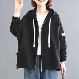 Women's Hoodies 2023 Spring Autumn Korean Loose Hooded Cardigan Solid Color Jacket Casual Black Sweatershirt Women Zipper Blouser