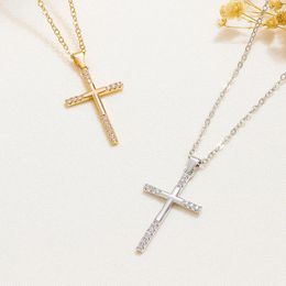 Chains Thin Cross Necklace Woman Stainless Steel Dainty CZ Christian Double Pendant Golden Jewellery Gift Collier Croix