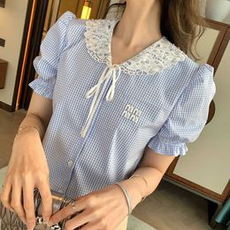 Shirts Sweet and cute style short sleeved shirt with diamond inlaid doll neck letter embroidery bubble sleeve shirt for women in summer