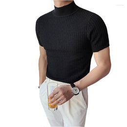 Men's Sweaters 4 Seasons Short Sleeve Knitted Sweater Men Clothing Half High Neck Slim Fit T-shirt Casual Stretch Homme Pullover 4XL-M