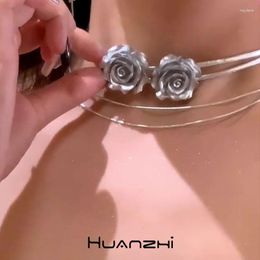 Pendant Necklaces Silver Color Rose Double -layer Rope Choker For Women Girl Sweet Vintage Romantic Neck Chain HUANZHI 2023 Unique Y2K