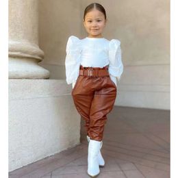 Clothing Sets Elegant Fashion Kids Girls Clothes Set Puff Sleeve Ribbed Blouse T Shirt Tops PU Leather Long Pants With Belt 2PCS Girls Suit 230803