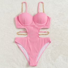 Women's Swimwear Sexy Push Up Underwire Swimsuit Women Solid Pink Metal Chain Hollow Out Ribbed Bathing Suit Backless Swimwear Monokini 230803