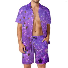 Men's Tracksuits Golden Star Men Sets Purple Sequins Print Casual Shirt Set Streetwear Beachwear Shorts Graphic Suit Two-piece Clothes Plus