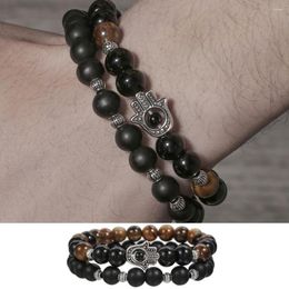 Strand Punk Beads Bracelet For Men Demon Eye Palm Set 8mm Map Stone Tiger Elastic Jewelry