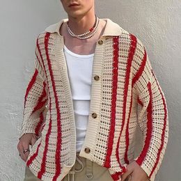 Herrtröjor 2023 Autumn Trend Mens Knit Shirts Fashion Rands Jacquard Cardigan Tops For Men Spring Vintage knapp-ner lapel stickad