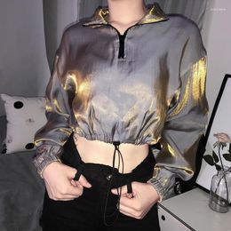 Damen Hoodies Mode Rollkragen Reißverschluss Kordelzug Saum Harajuku Verfärben Sweatshirt Frauen Frühling Langarm Kurzarm Crop Top Pullover