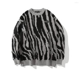 Men's Sweaters Zebra Pattern Color Matching Knit Shirt For Street Trend Loose Round Neck Sweater Bf Lazy Brand Pullover XJ-