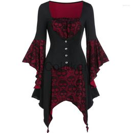 Casual Dresses Halloween Cosplay Gothic Vintage Devil Dress Square Collar Skull Printed Lace Flare Sleeve Irregular Women's Costume