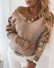 Women's Sweaters Women V-neck Knitted Pullover Autumn Sequins Fluffy Long Sleeve Sweater Elegant Fall Patchwork
