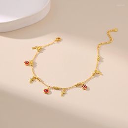 Anklets Copper Plated 18 Karat Gold Red Eyes Cross Anklet Women Round Bead Chain Design Jewelry Birthday Holiday Gift