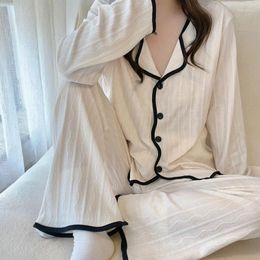 Women's Sleepwear Women Cotton Pajama Sets For Autumn Winter Lapel Cardigan Long-Sleeve Tops Ruffles Pants 2Pcs Nightclothes Simple Home